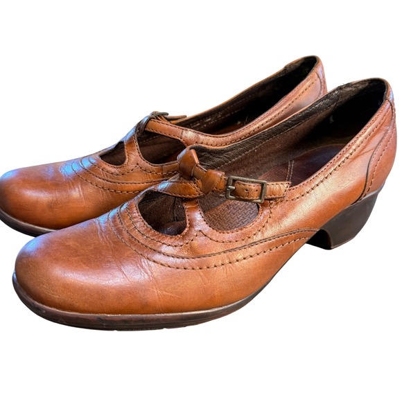Clarks Shoes - Clarks Women Cognac Brown Leather T-Strap Mary Jane Pumps Low Heel Shoes 10